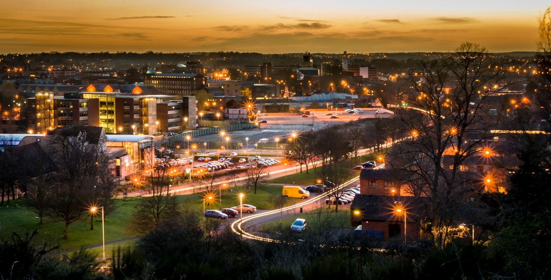 City Centre, Norwich: aerial view of city during night time